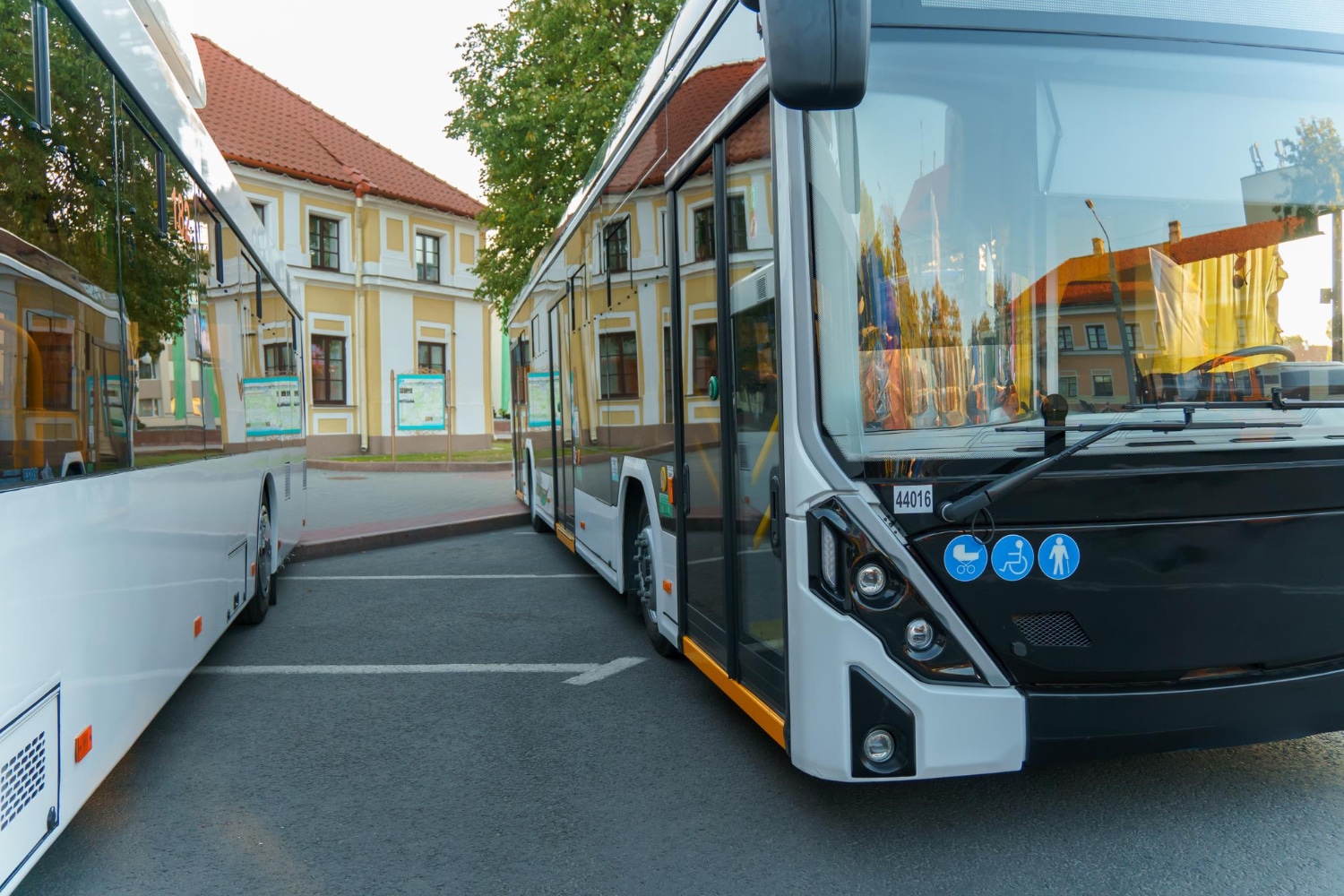 Two Modern White Buses Parked On Funchal City Street.